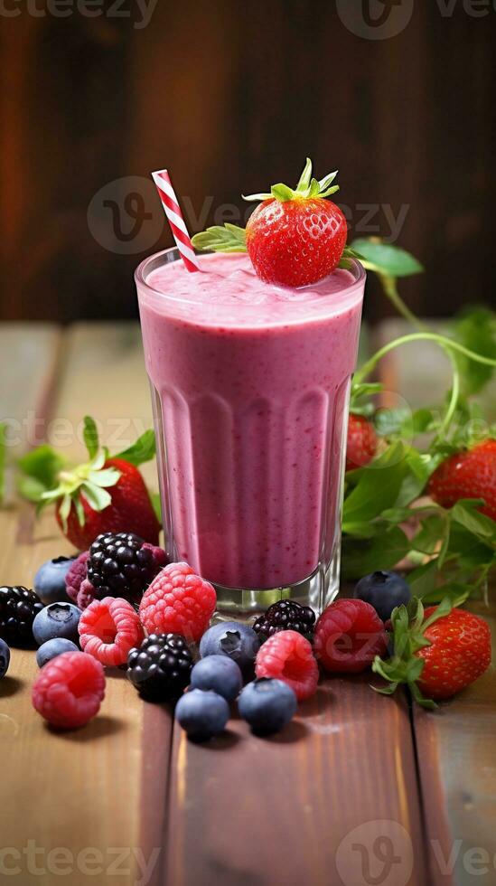 A delightful berry smoothie with a medley of fresh berries, set against a textured wooden surface. The natural backdrop is perfect for featuring your smoothie's flavor. Vertical format. AI generated photo
