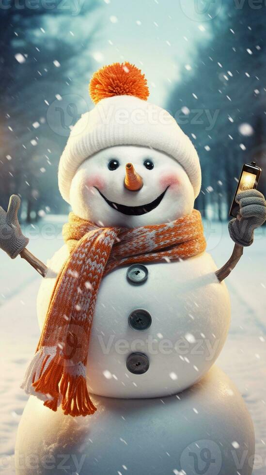 A funny snowman taking a selfie with a carrot nose, against a textured winter wonderland. The whimsical composition provides space for your witty social media captions. Vertical format. AI generated photo