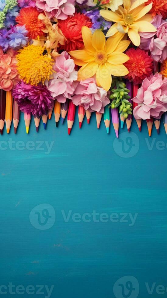 A composition of color pencils neatly arranged alongside vibrant flowers on a textured surface with space for text, conveying the fusion of artistry and nature. Vertical format. AI generated photo