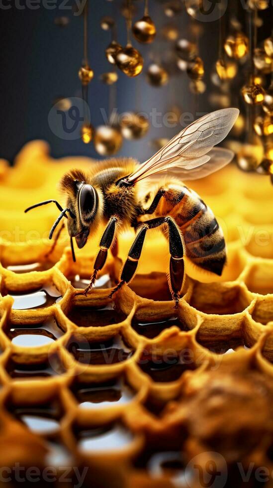 A close-up shot of a honey bee in the midst of producing honey with space for text, emphasizing their remarkable contribution to this natural process. Vertical format. AI generated photo