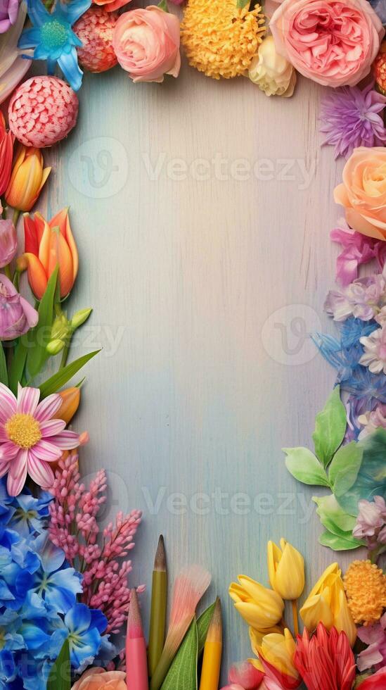 A composition of color pencils neatly arranged alongside vibrant flowers on a textured surface with space for text, conveying the fusion of artistry and nature. Vertical format. AI generated photo