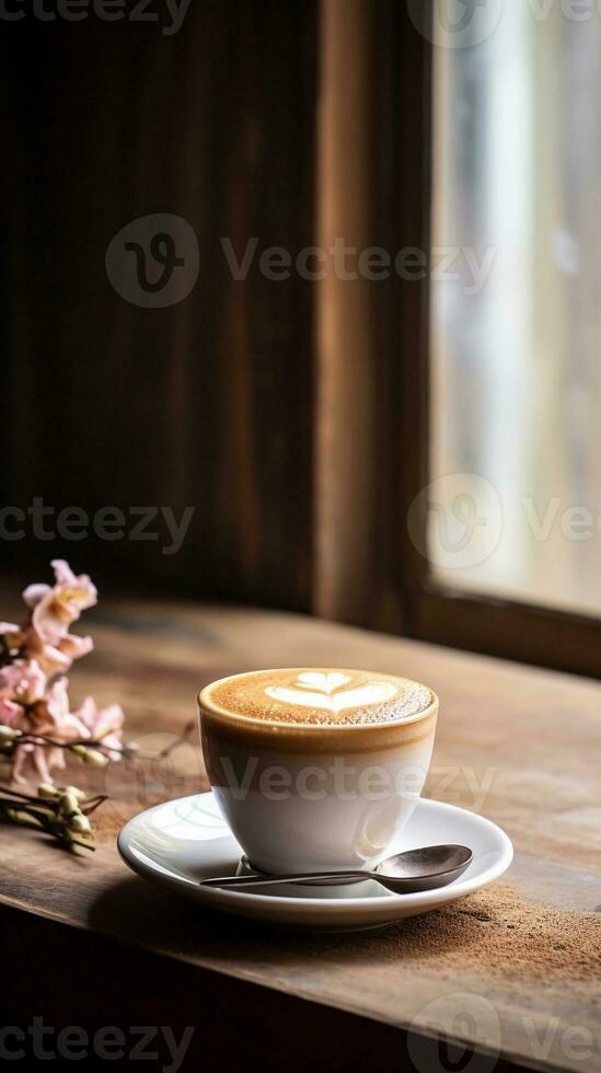 A serene composition of a cappuccino coffee cup resting on a rustic wooden tabletop, with a softly textured background. Vertical format. AI generated photo