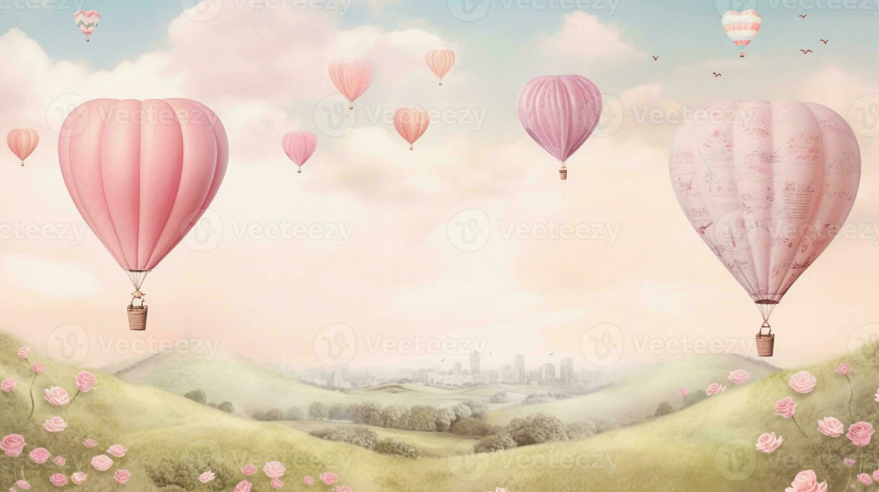 A whimsical scene featuring heart-shaped hot air balloons in soft pastel tones soaring above a pastel landscape, inviting text to capture the sense of adventure in love. AI generated photo
