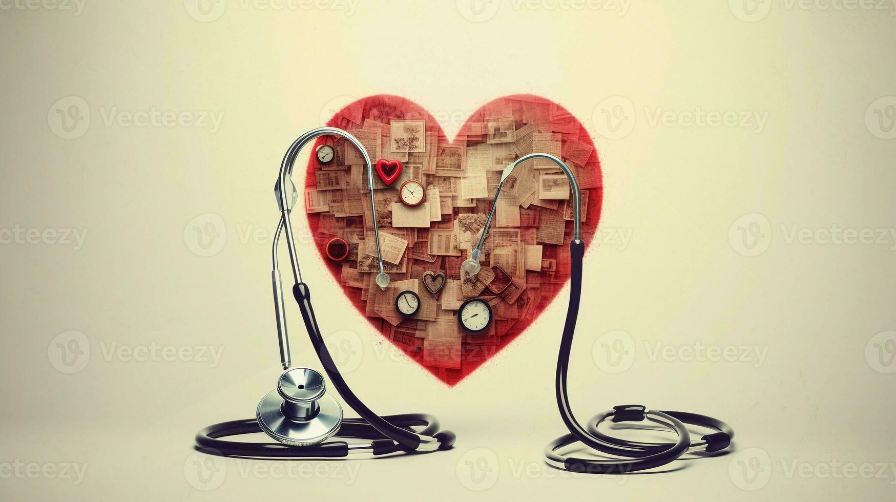 An artistic composition combining heart symbols with a stethoscope, representing awareness and care for heart health, with designated areas for text. AI generated photo