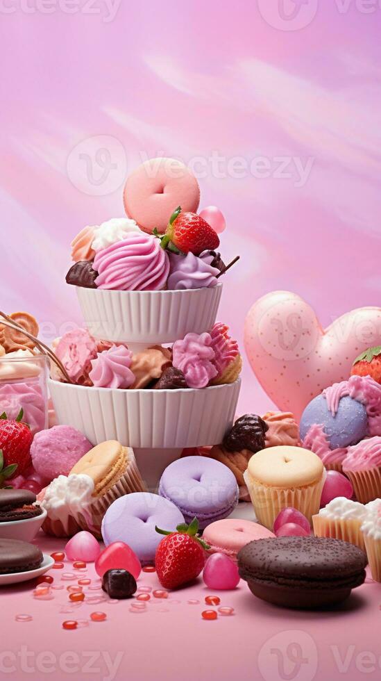 An artistic composition featuring an assortment of Valentine's Day sweets and chocolates on a textured, pastel-colored background, space for text. Vertical format. AI generated photo