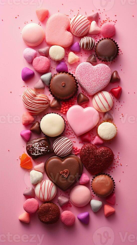 An artistic composition featuring an assortment of Valentine's Day sweets and chocolates on a textured, pastel-colored background, space for text. Vertical format. AI generated photo