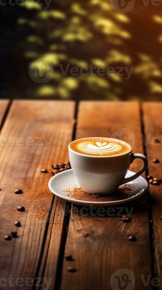 A serene composition of a cappuccino coffee cup resting on a rustic wooden tabletop, with a softly textured background. Vertical format. AI generated photo