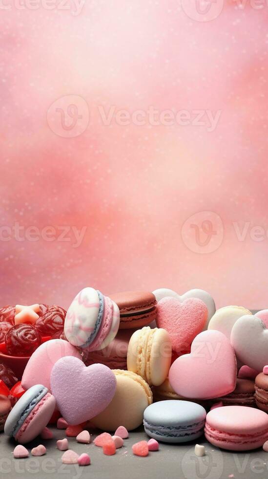 un artístico composición presentando un surtido de San Valentín día dulces y chocolates en un texturizado, color pastel fondo, espacio para texto. vertical formato. ai generado foto