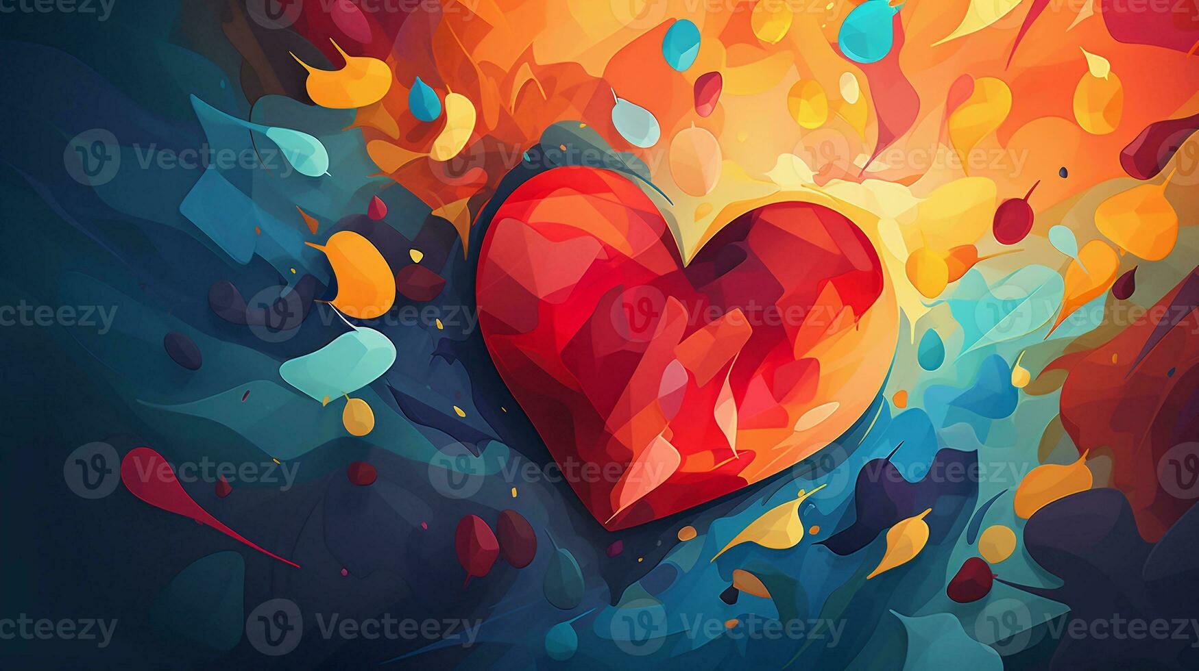 An image featuring an abstract representation of a heart surrounded by vibrant, dynamic shapes and colors, with ample space for text to promote heart care and health. AI generated photo