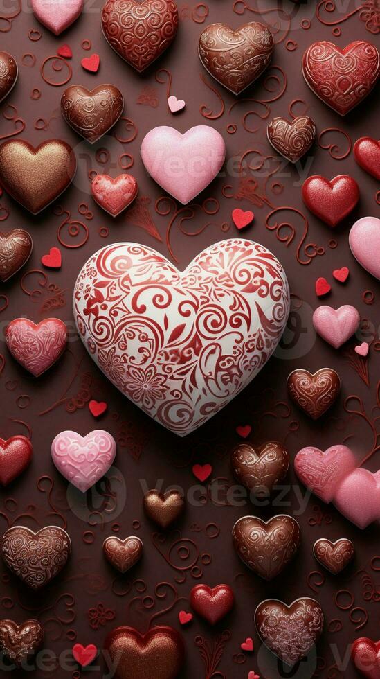 An illustration of heart-shaped chocolates adorned with tiny hearts and romantic motifs, set against a textured background. Vertical format. AI generated photo