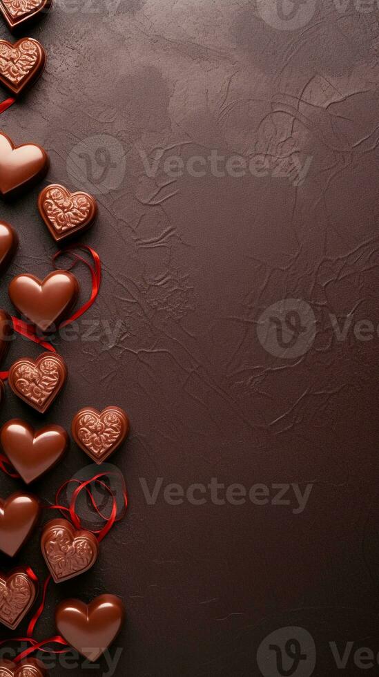 An image showcasing heart-shaped chocolates arranged elegantly on a textured surface, with a heart-shaped ornament nearby. Vertical format. AI generated photo