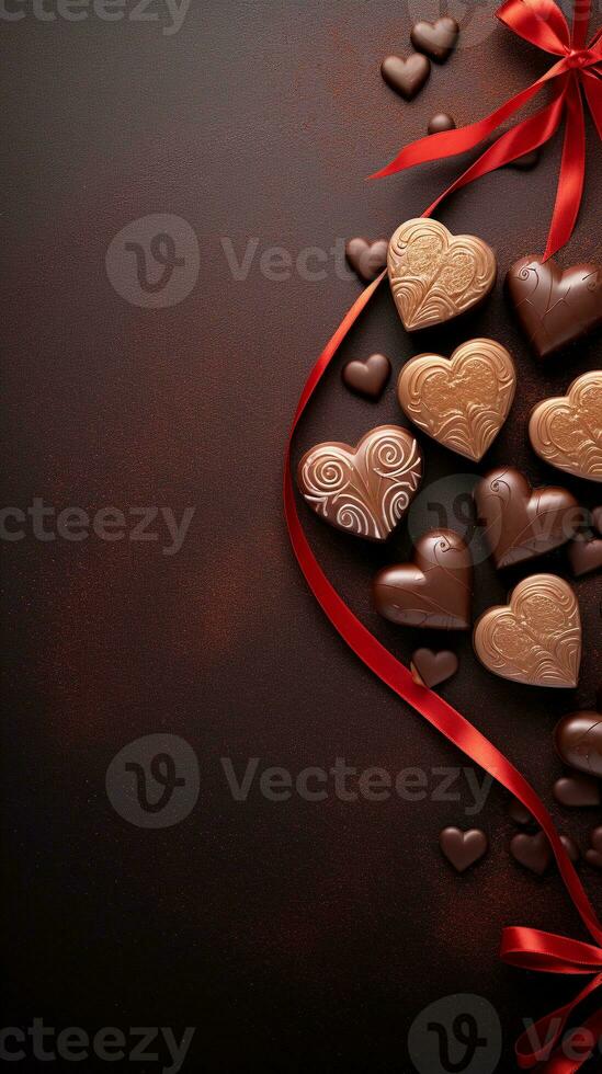 An image showcasing heart-shaped chocolates arranged elegantly on a textured surface, with a heart-shaped ornament nearby. Vertical format. AI generated photo