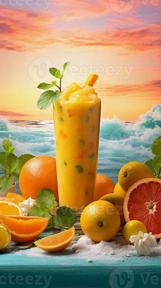 A vibrant sunrise-themed smoothie with oranges and tropical fruits, set against a textured canvas resembling a sunrise sky. Vertical format. AI generated photo