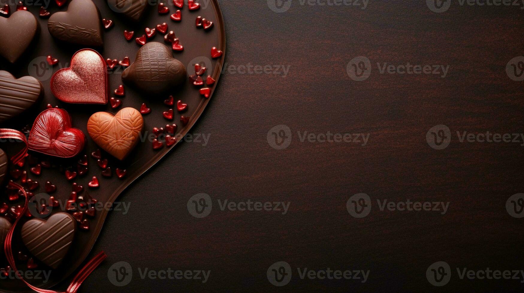 An image showcasing heart-shaped chocolates arranged elegantly on a textured surface, with a heart-shaped ornament nearby, leaving space for text. AI generated photo