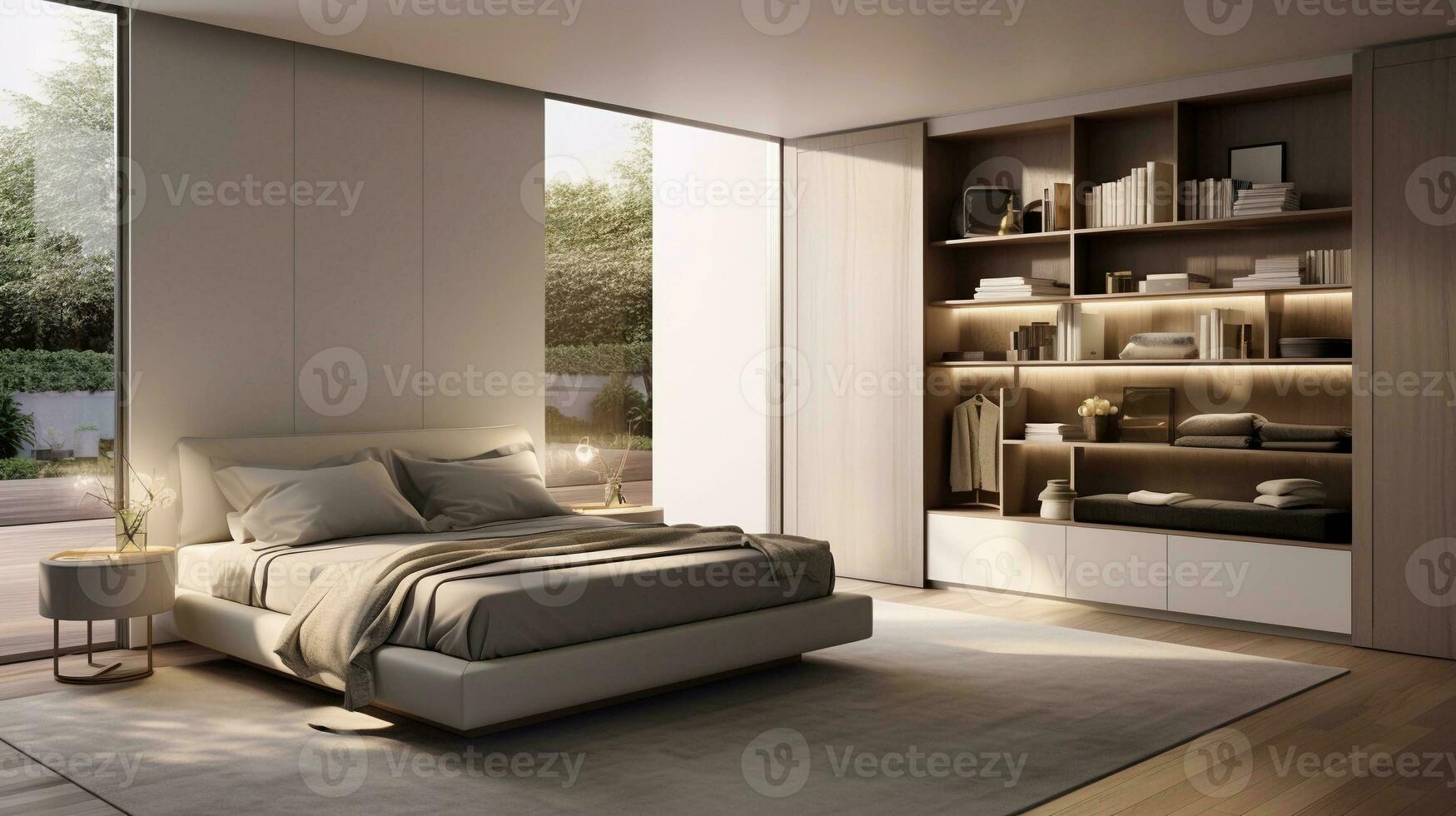 A serene scene capturing the tranquility of a contemporary-style bedroom with clean lines, integrated storage, and smart technology, allowing space for text. AI generated photo