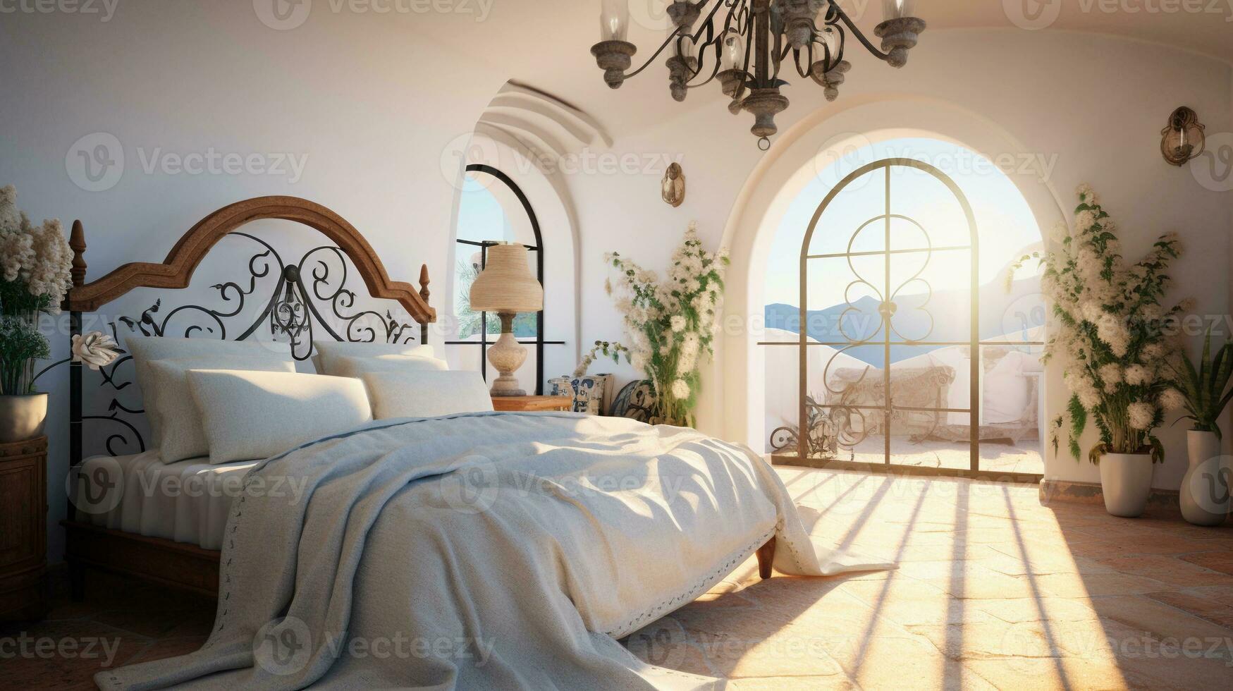 A tranquil scene capturing the essence of a Mediterranean-style bedroom, with whitewashed walls, arched doorways, and a wrought iron bed frame, allowing space for text. AI generated photo