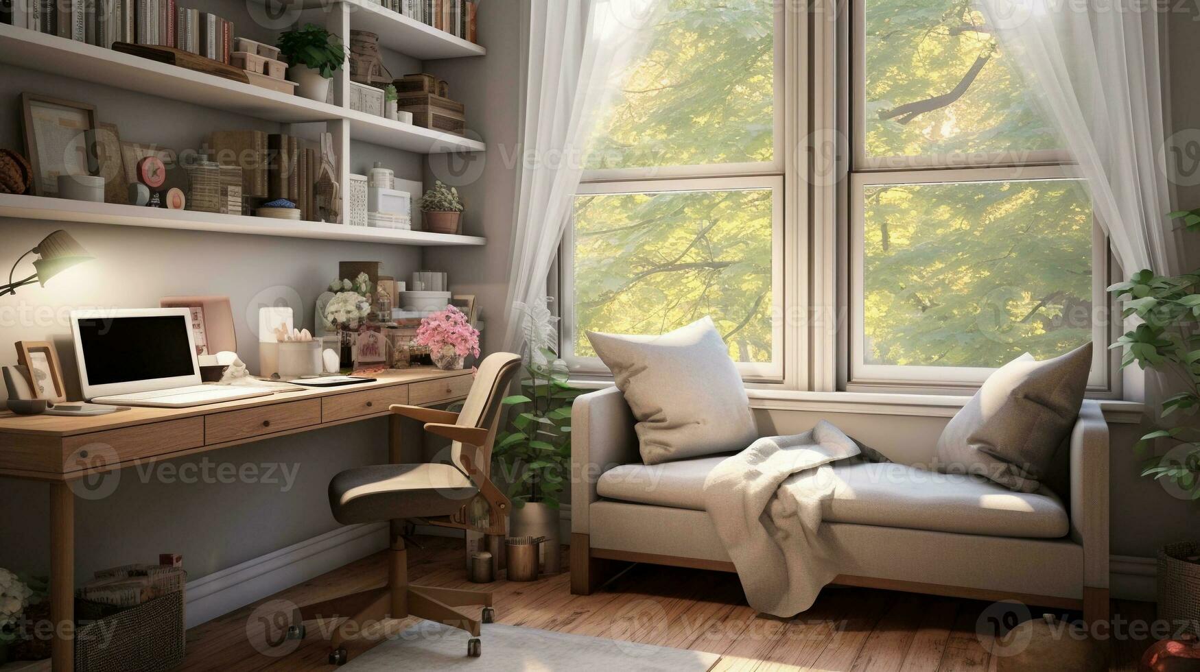 An image highlighting the coziness of a home office corner with a reading nook, soft textiles, and personal touches, with designated areas for text. AI generated photo