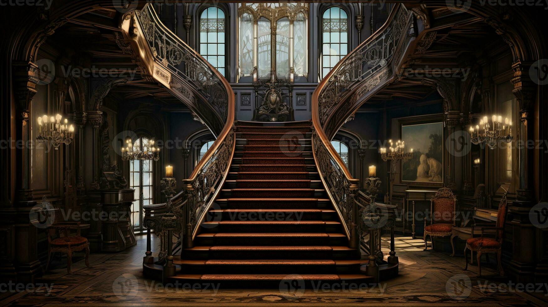 An image highlighting the grandeur of a Victorian foyer with a winding staircase, stained glass windows, and intricate architectural details. AI generated photo