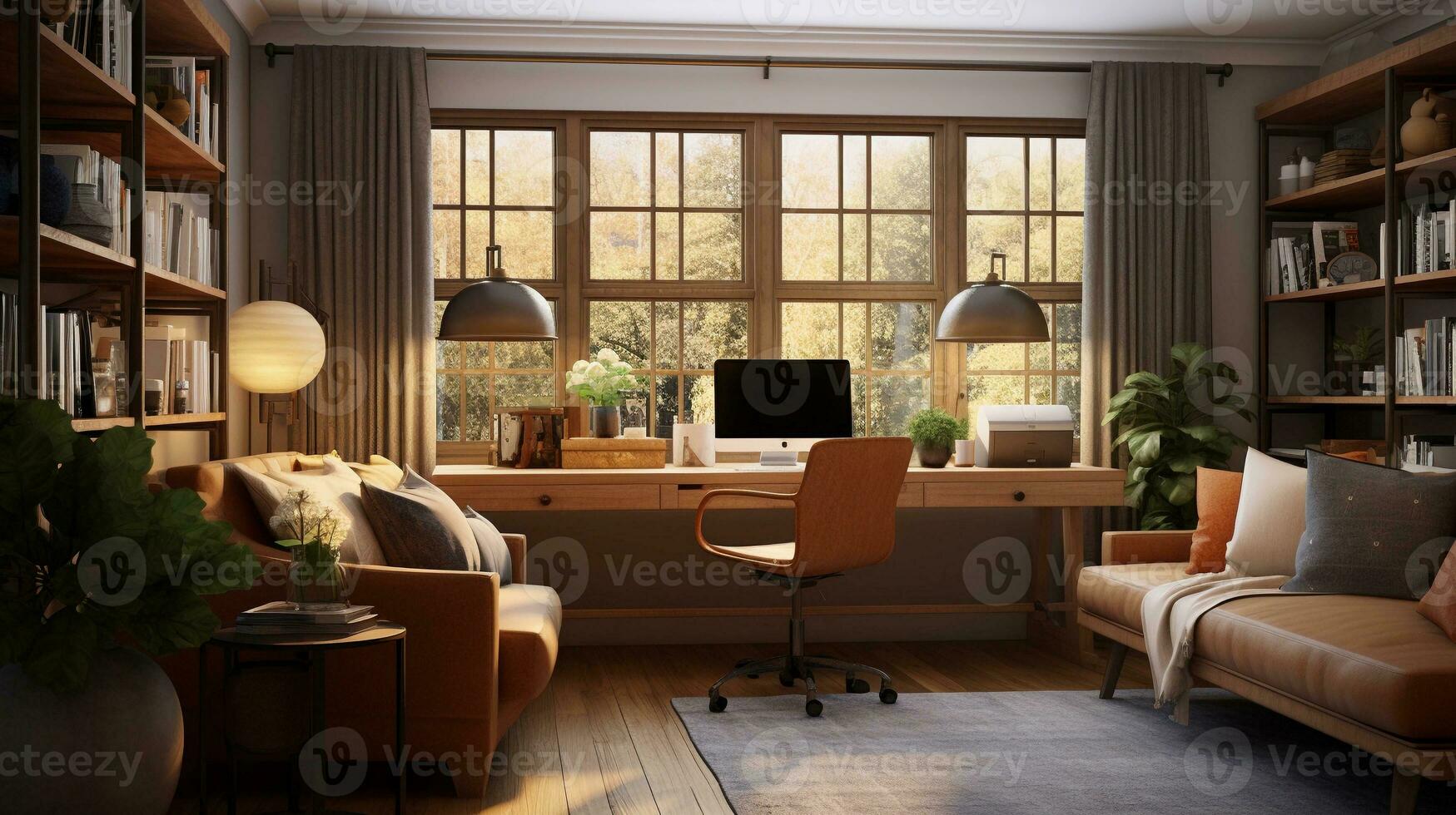 An image showcasing a cozy home office with warm wood tones, plush seating, and soft lighting. AI generated photo