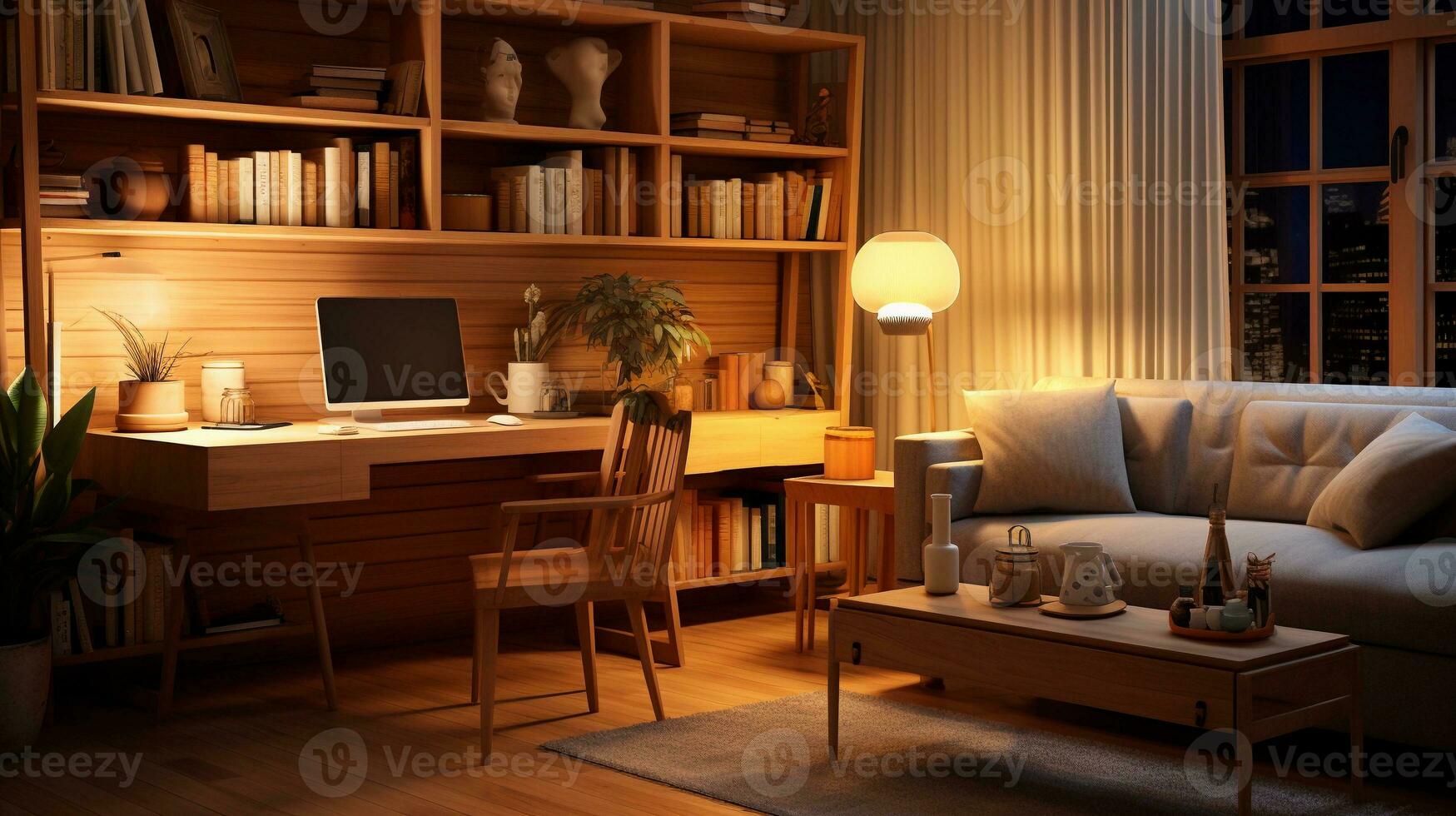 An image showcasing a cozy home office with warm wood tones, plush seating, and soft lighting. AI generated photo