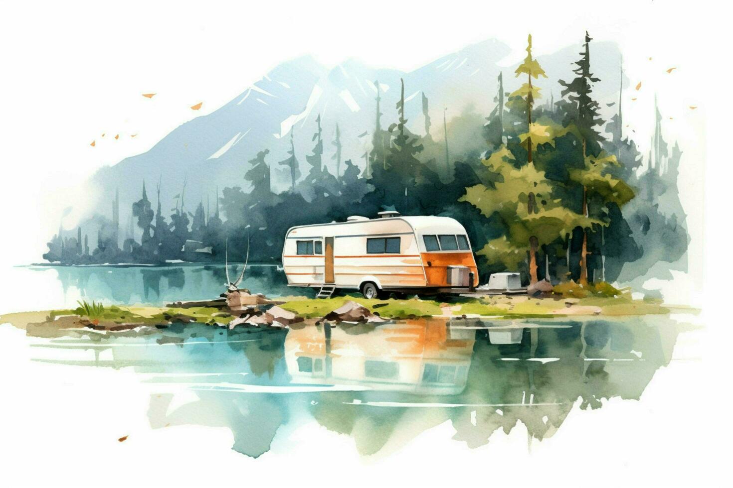 camping in mountain lake with travel trailer wate photo