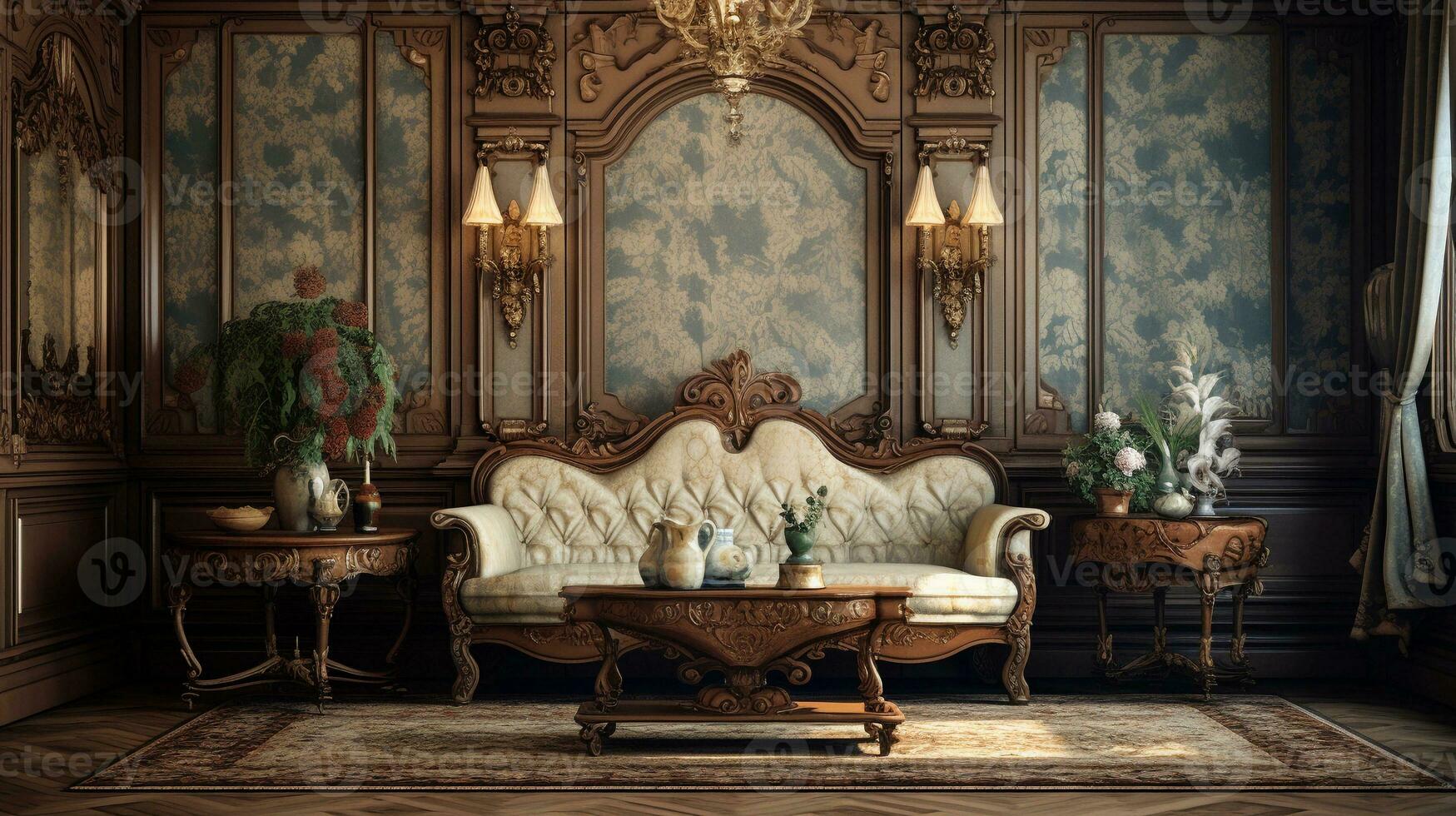 An image showcasing the ornate details of a Victorian living room, including intricately carved furniture, patterned wallpaper, and vintage decor. AI generated photo