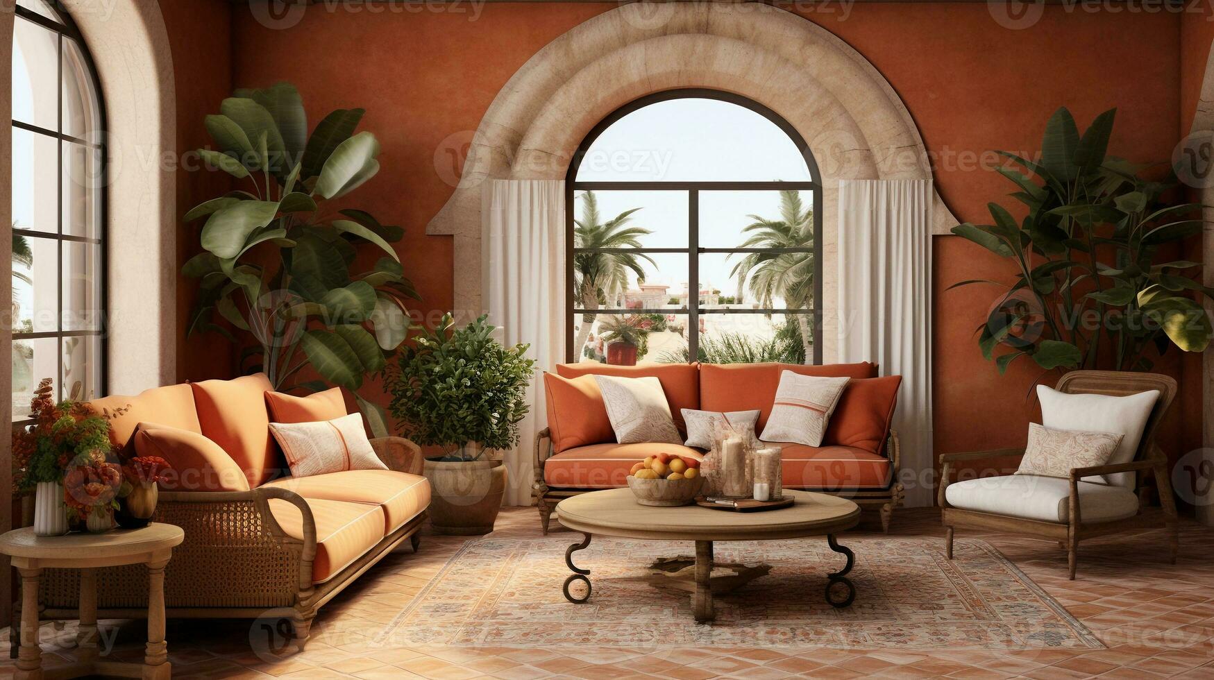 An image showcasing the timeless elegance of a Mediterranean living room, with terracotta tiles, wrought iron accents, and comfortable furnishings, providing space for text. AI generated photo