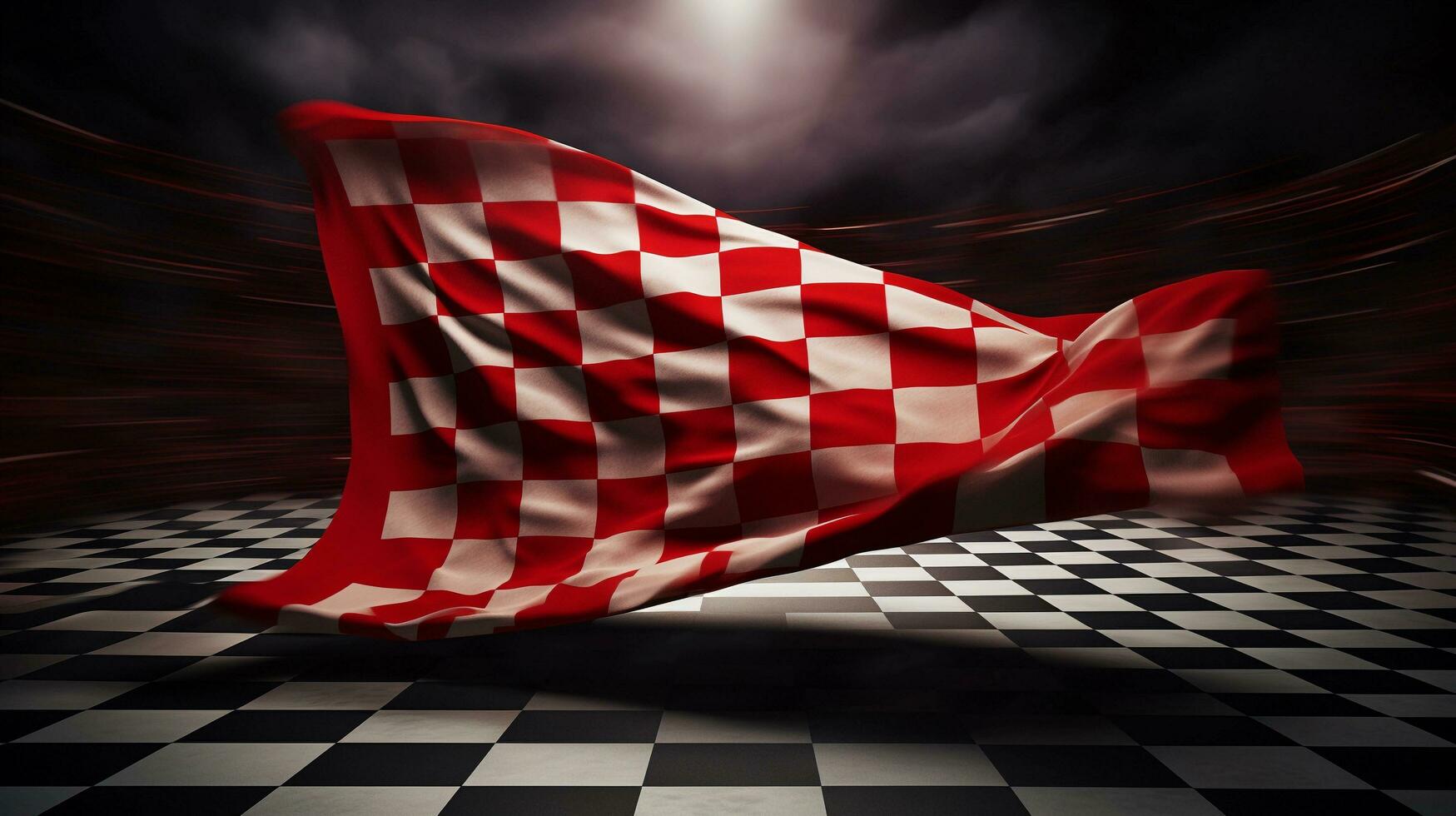 A dynamic scene showcasing a checkered racing flag waving during a motorsports event, with designated areas for text. Background image. AI generated photo