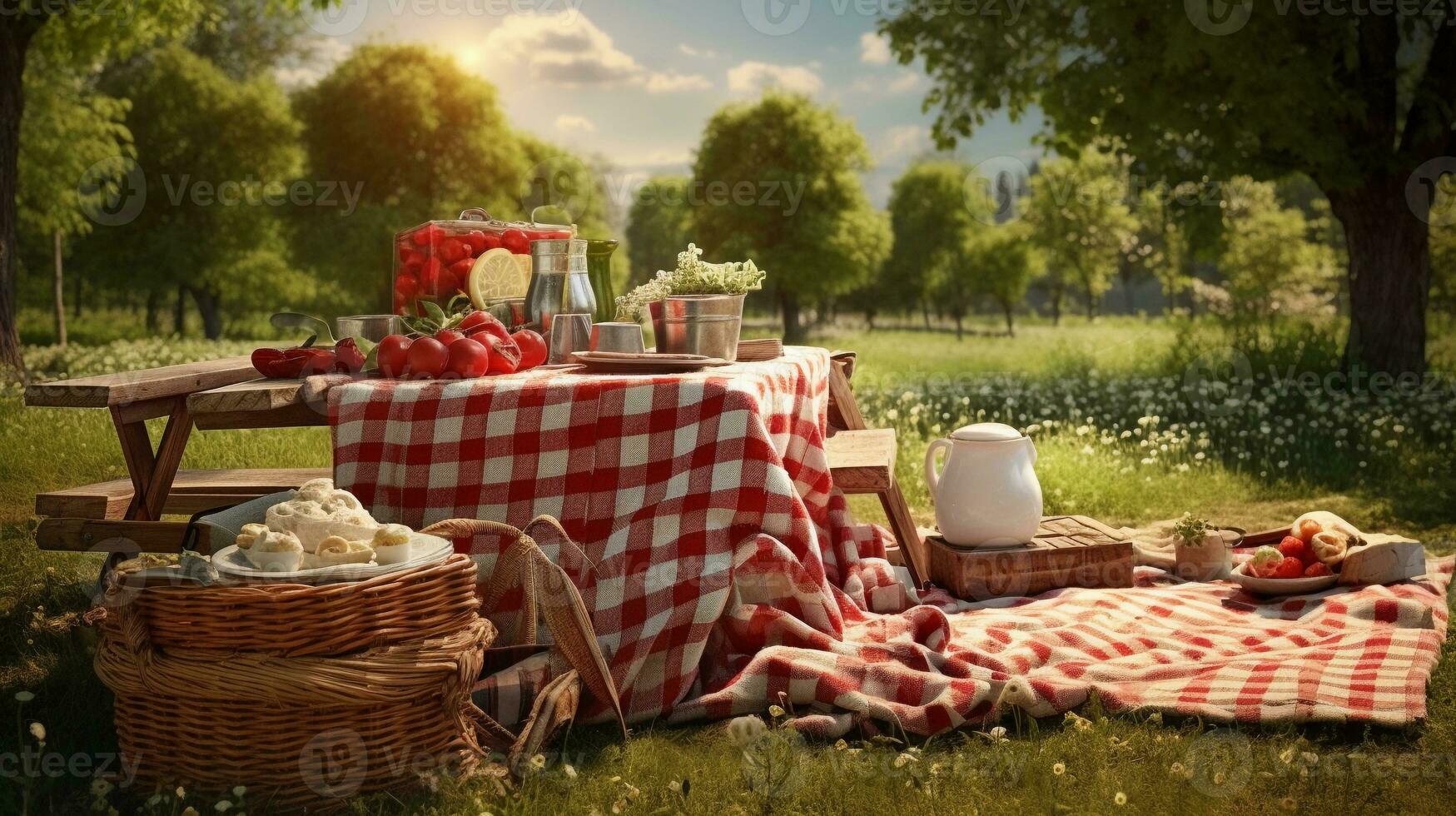 A visually appealing composition showcasing a picnic setup with checkered blankets and baskets in a scenic outdoor location. Background image. AI generated photo