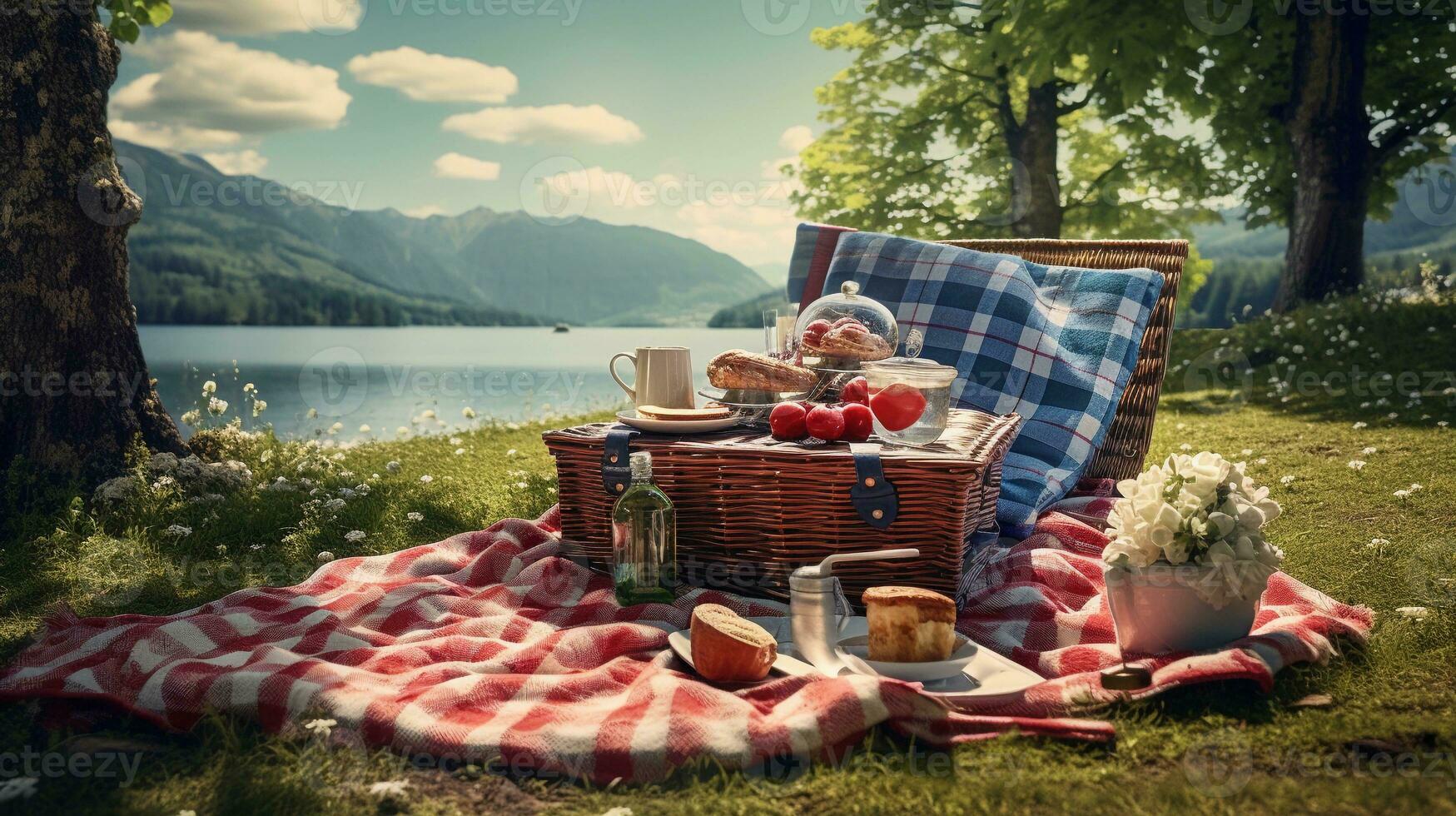 A visually appealing composition showcasing a picnic setup with checkered blankets and baskets in a scenic outdoor location. Background image. AI generated photo