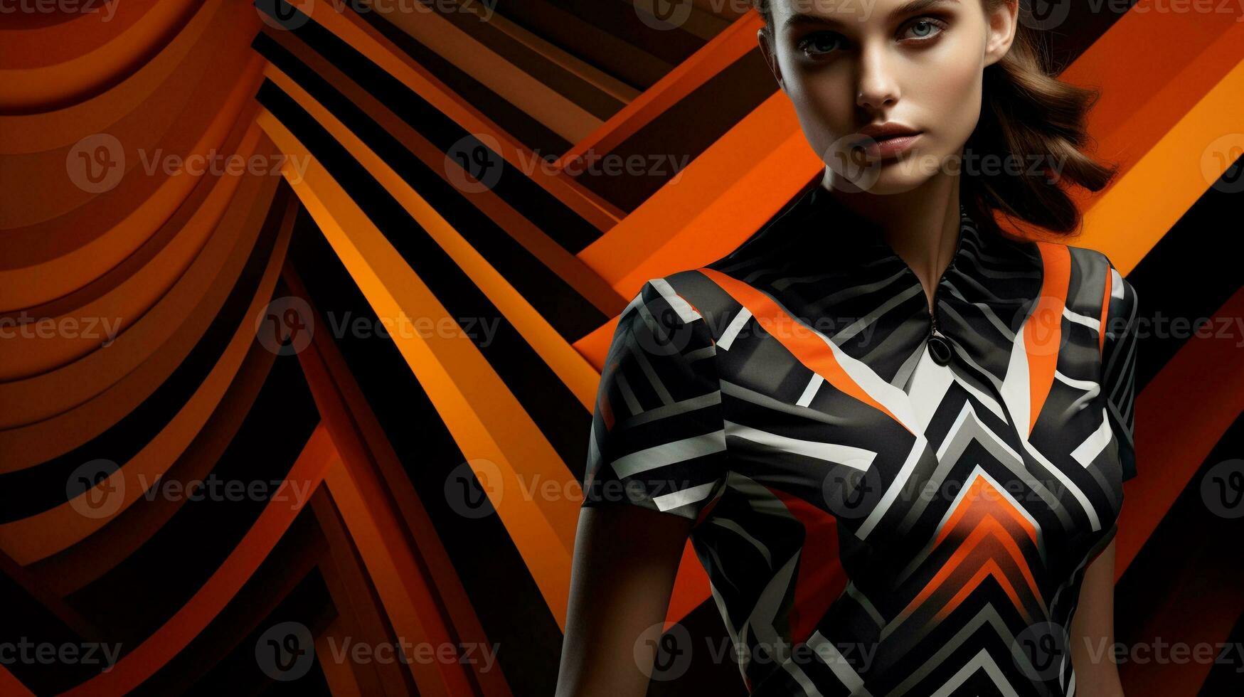 An artistic composition featuring a fashionable outfit or accessory adorned with chevron patterns. Background image. AI generated photo