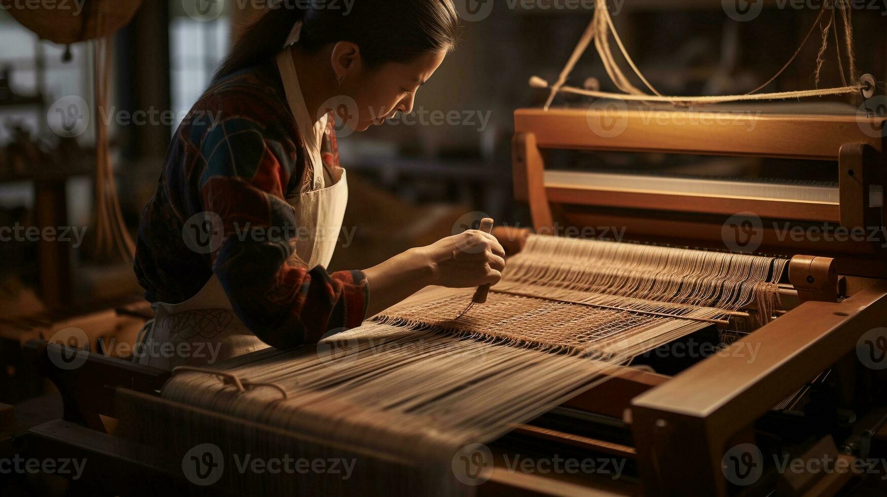 An artistic composition featuring a skilled artisan weaving brocade patterns on a loom. Background image. AI generated photo