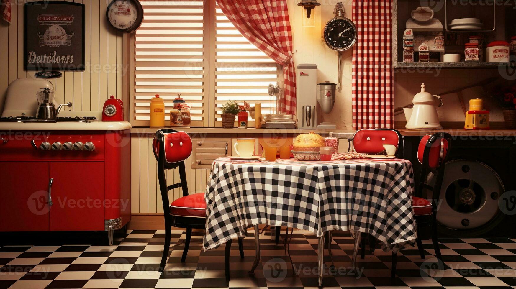 An artistic composition featuring checkered patterns used in kitchen decor, such as checkered tablecloths and curtains. Background image. AI generated photo