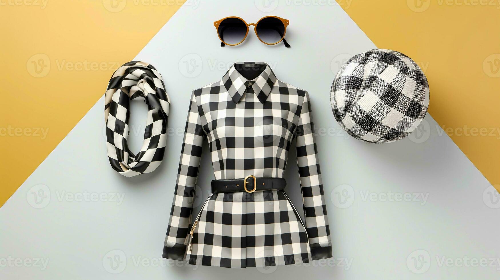 An image featuring a stylish checkered outfit or accessory, with modern design and color variations, with space for text. Background image. AI generated photo