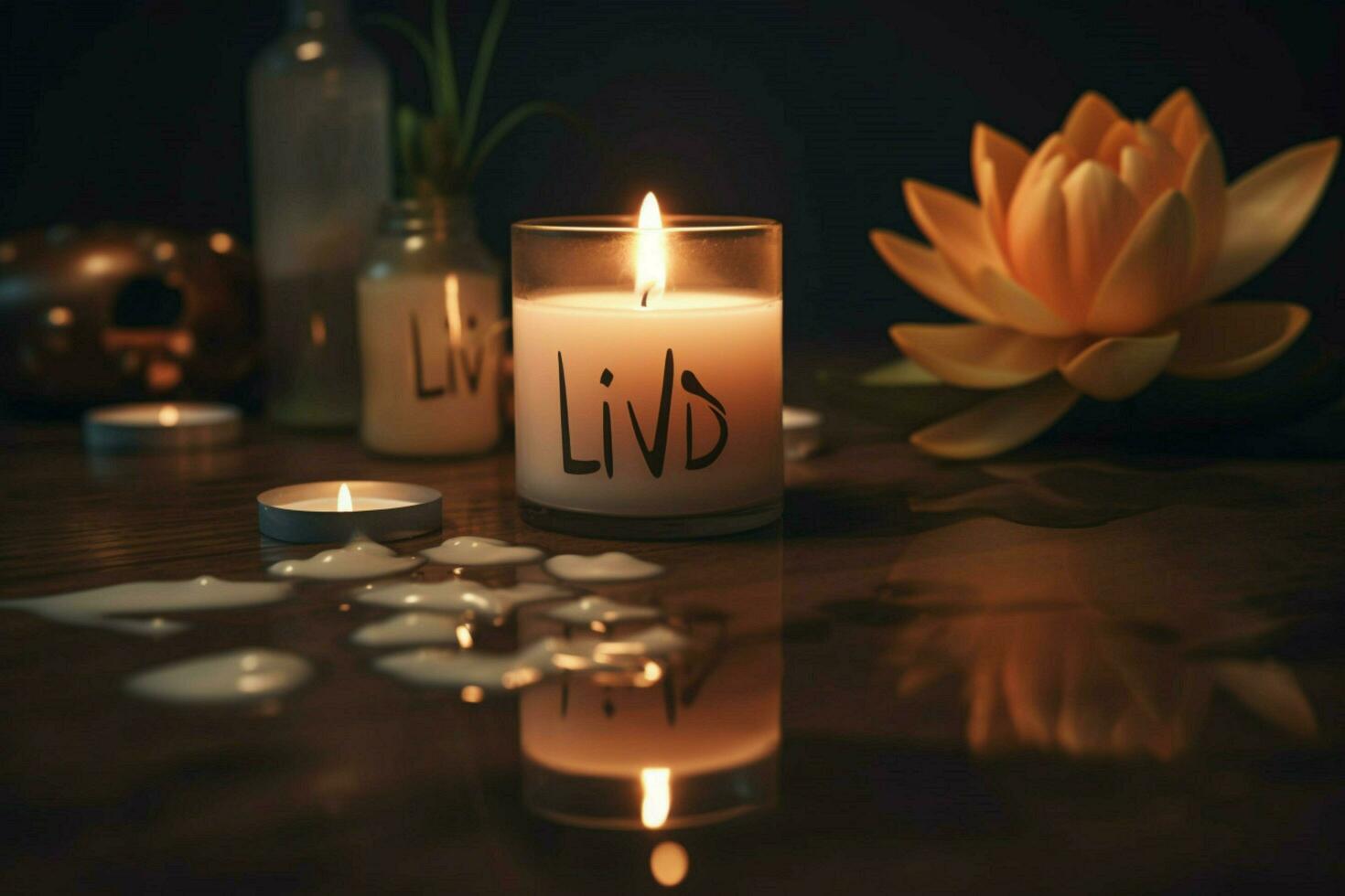 candles on a table with the word lotus on it photo