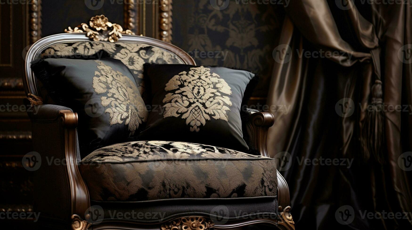 An image highlighting brocade patterns used in home decor accents, such as upholstery and drapes, with space for text. Background image. AI generated photo