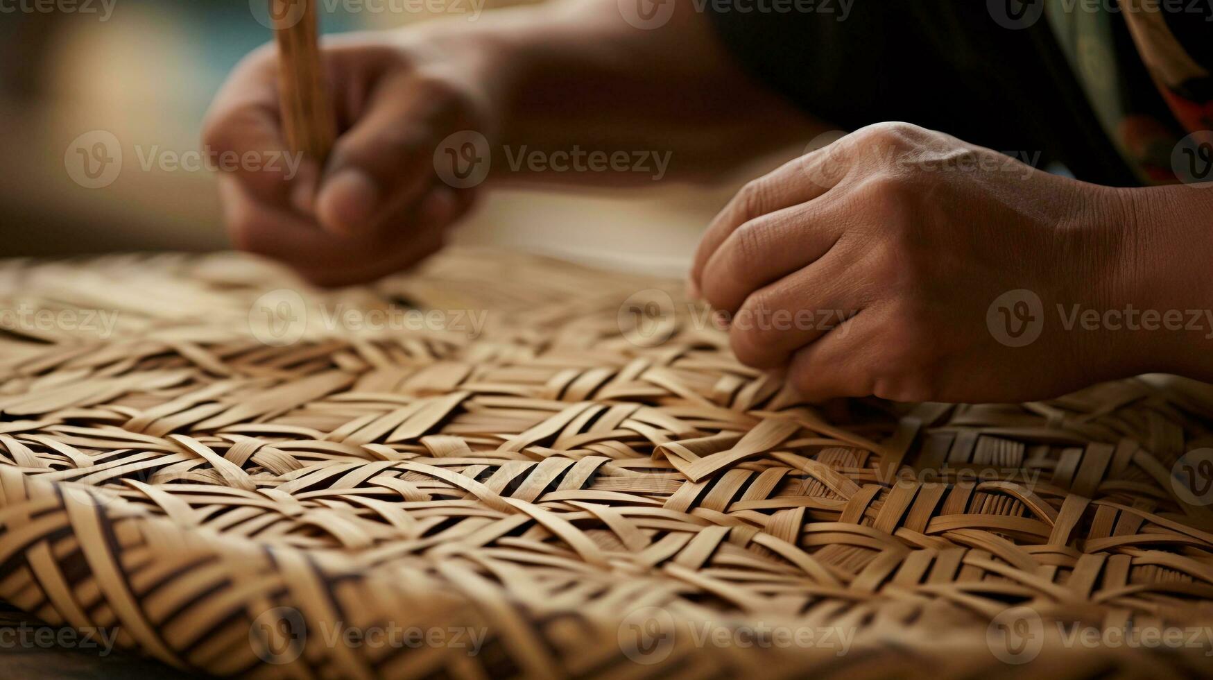 An image showcasing a skilled artisan weaving intricate bamboo patterns, emphasizing the craftsmanship and dedication involved in creating bamboo art, with space for text. AI generated photo
