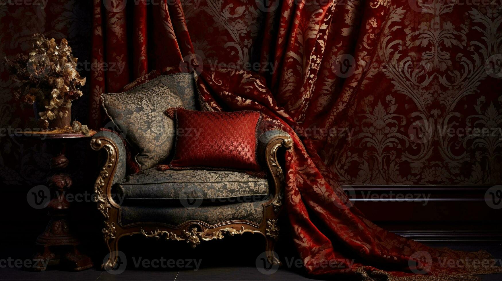 An image highlighting brocade patterns used in home decor accents, such as upholstery and drapes, with space for text. Background image. AI generated photo