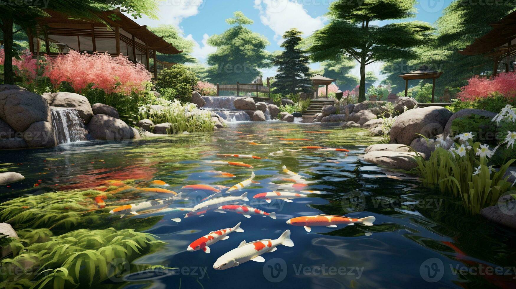 un tranquilo escena presentando un japonés jardín con un koi estanque, vistoso koi pez, y lozano verdor, atractivo texto a transmitir el sentido de armonía y natural balance. antecedentes imagen, ai generado foto