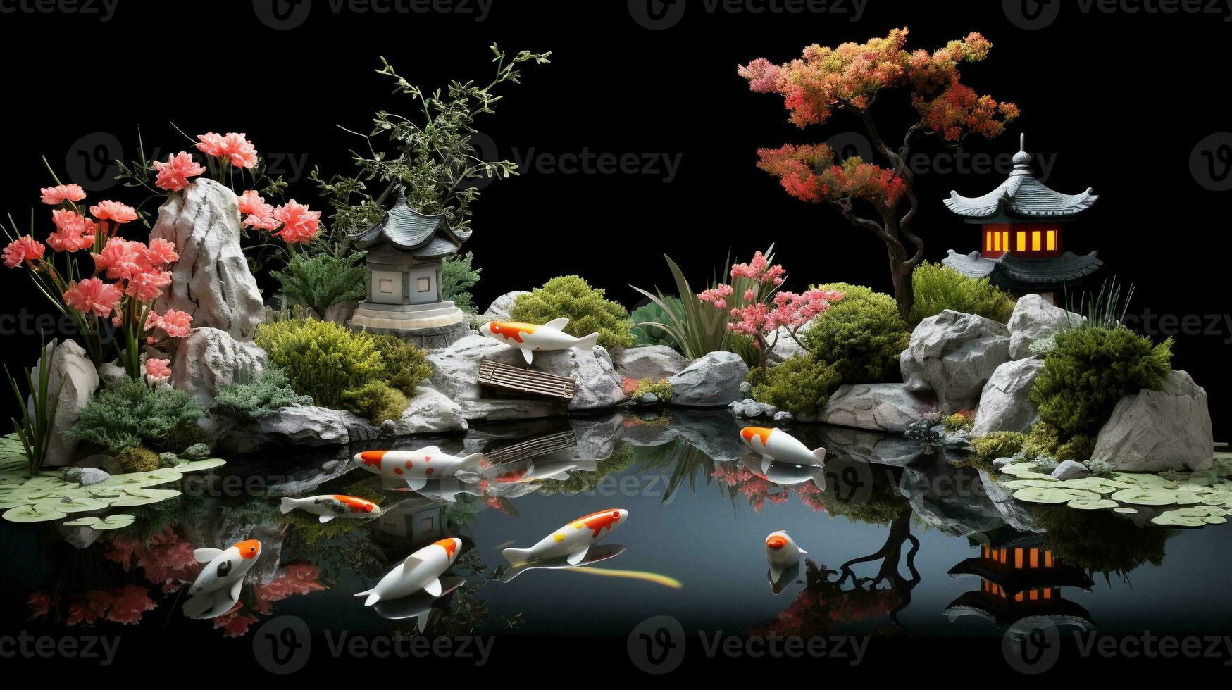 An artistic composition featuring a harmonious Japanese-style garden with a koi pond, stone lanterns, and bonsai trees, allowing space for text. Background image, AI generated photo