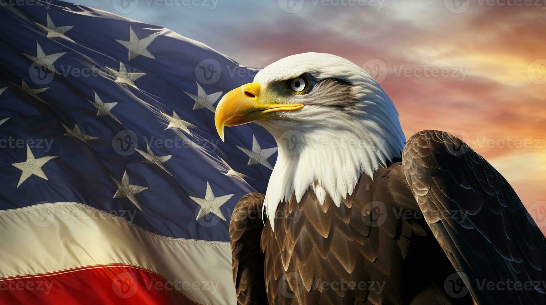An image capturing a bald eagle in a patriotic context, such as during an Independence Day celebration, with designated areas for text. Background image, AI generated photo