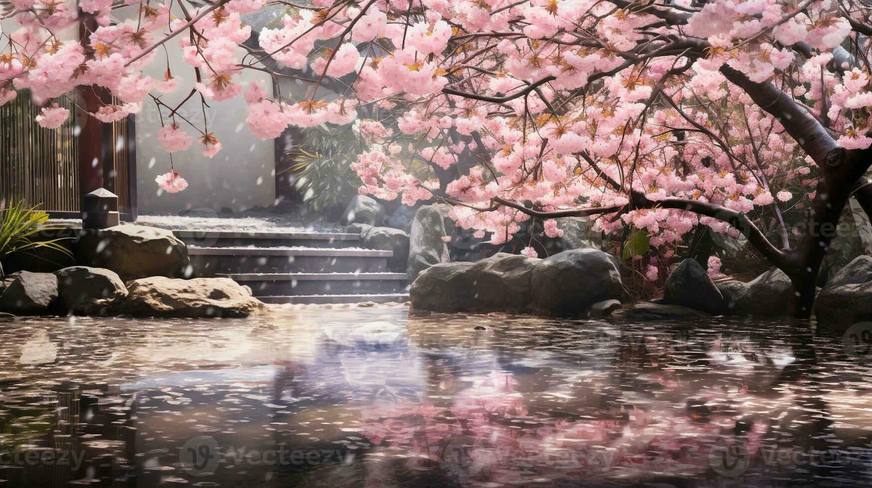 A visually captivating composition showcasing Japanese cherry blossoms sakura in full bloom within a garden, allowing space for text. Background image, AI generated photo