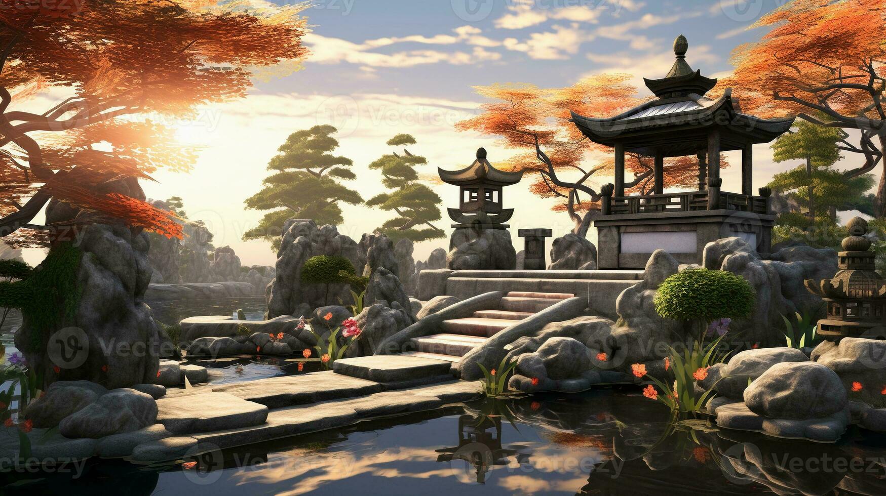 An artistic composition featuring a harmonious Japanese-style garden with a koi pond, stone lanterns, and bonsai trees, allowing space for text. Background image, AI generated photo