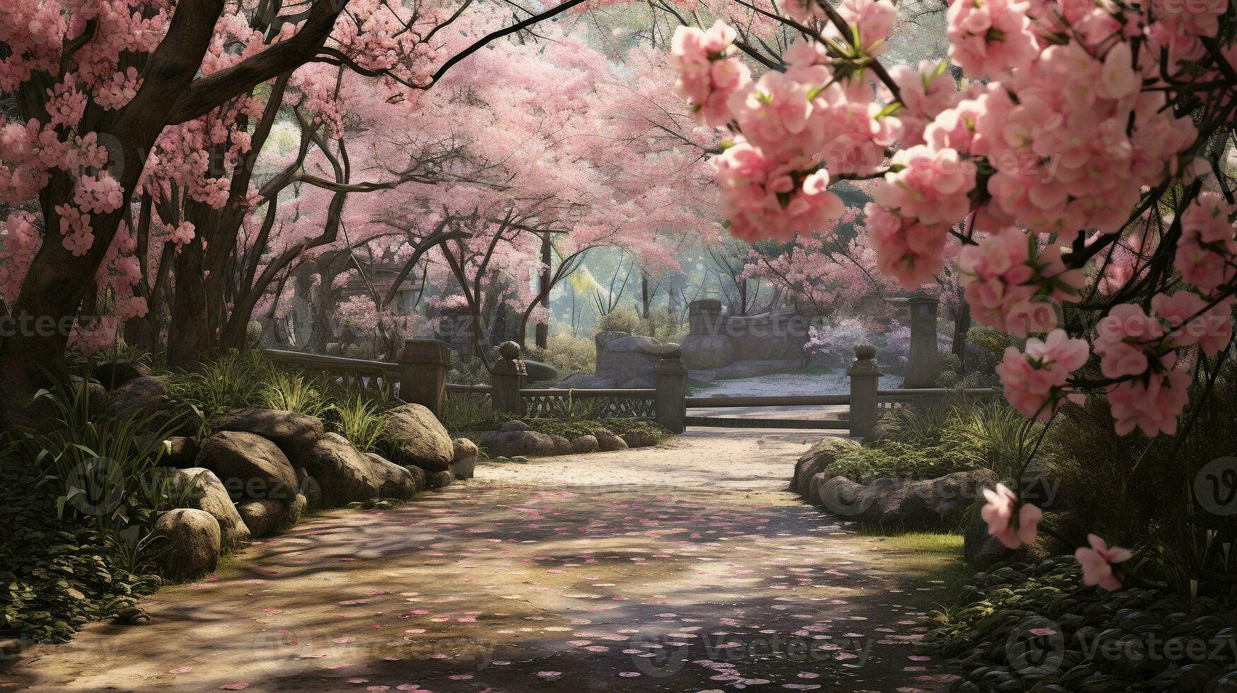 A visually captivating composition showcasing Japanese cherry blossoms sakura in full bloom within a garden, allowing space for text. Background image, AI generated photo