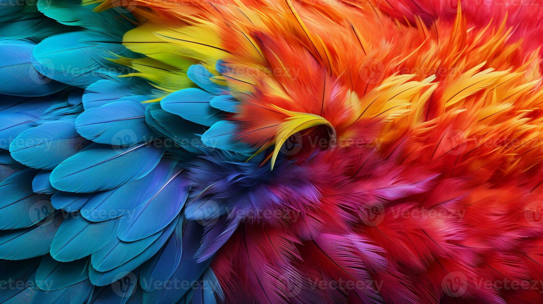 An image capturing a close-up of a parrot's vibrant feathers against a textured backdrop, with designated areas for text. Background image, AI generated photo