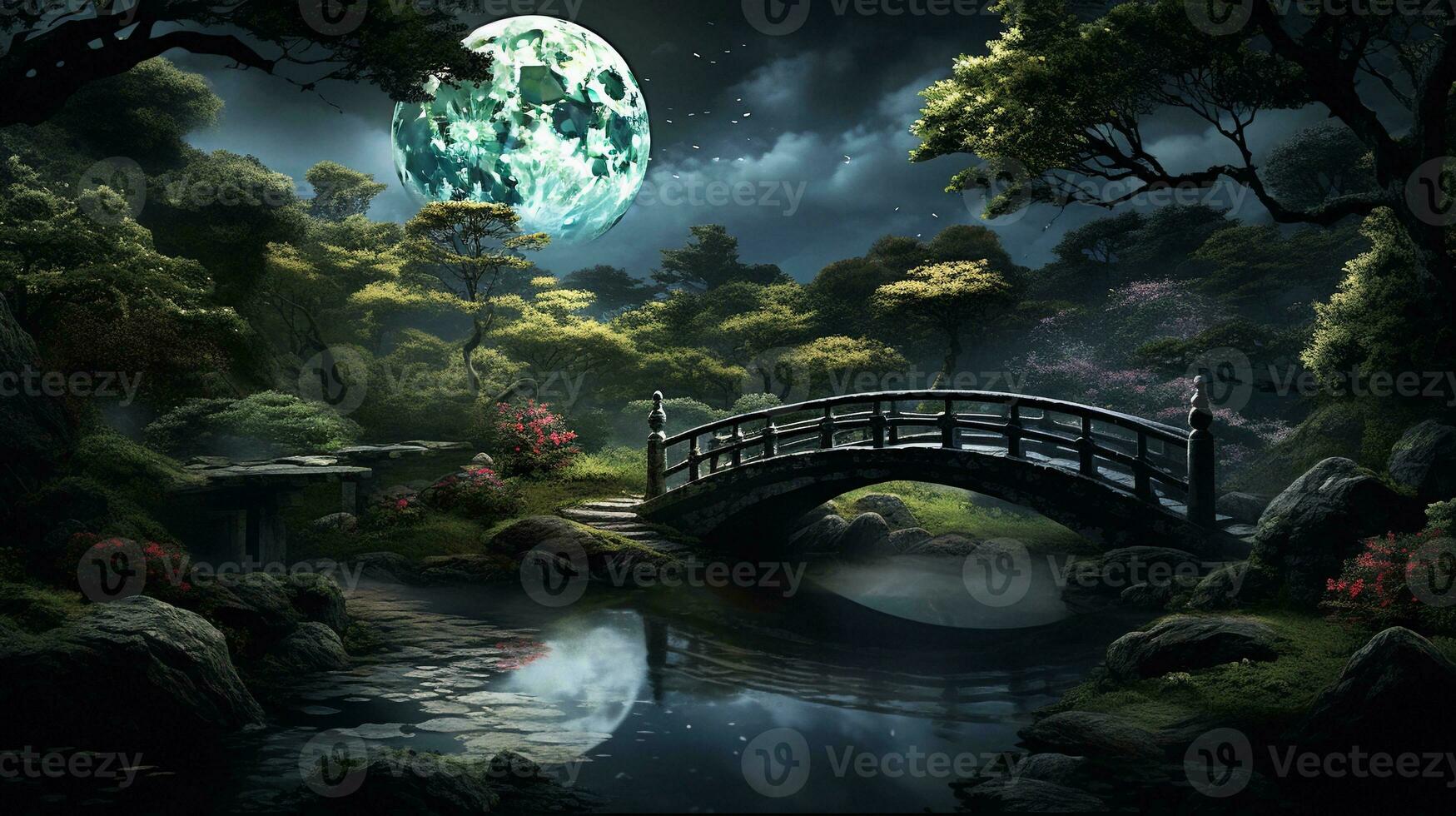 An image featuring a picturesque moon bridge in a Japanese garden, with a view of the surrounding landscape. Background image, AI generated photo