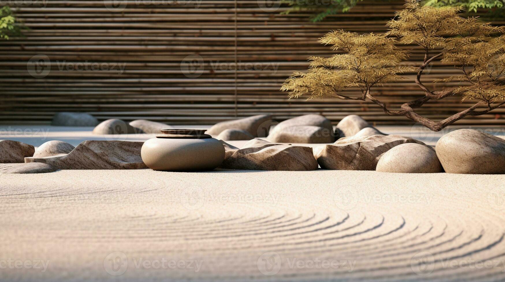 An image showcasing the serene beauty of a traditional Japanese Zen garden with meticulously raked gravel and carefully placed stones, with space for text. Background image, AI generated photo