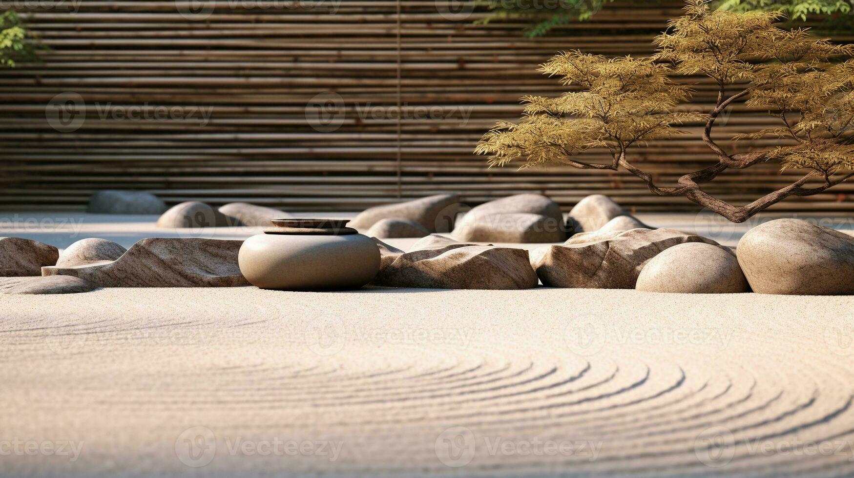 un imagen exhibiendo el sereno belleza de un tradicional japonés zen jardín con meticulosamente rastrillado grava y cuidadosamente metido piedras, con espacio para texto. antecedentes imagen, ai generado foto