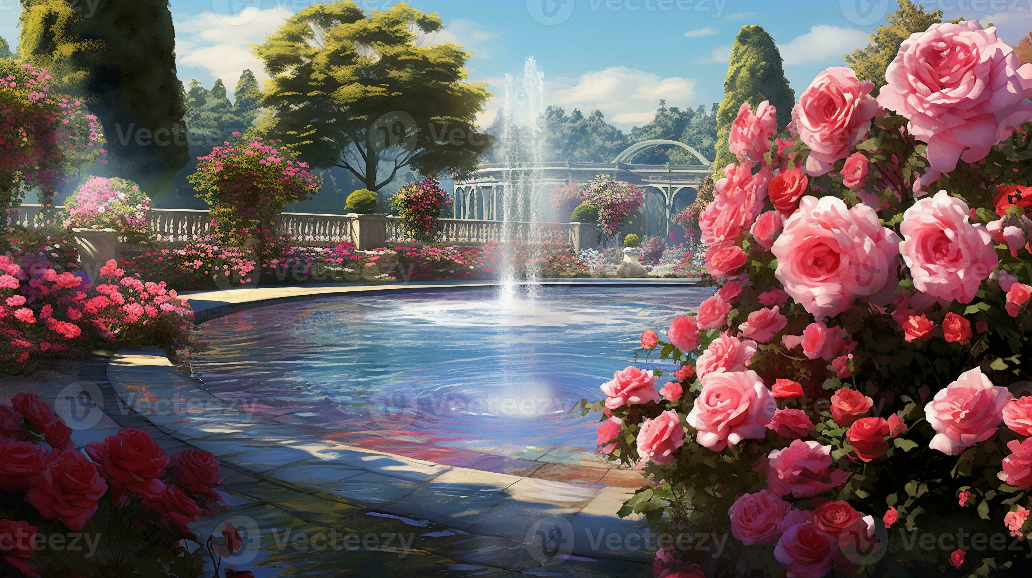 An image showcasing an enchanting rose garden in full bloom, with space