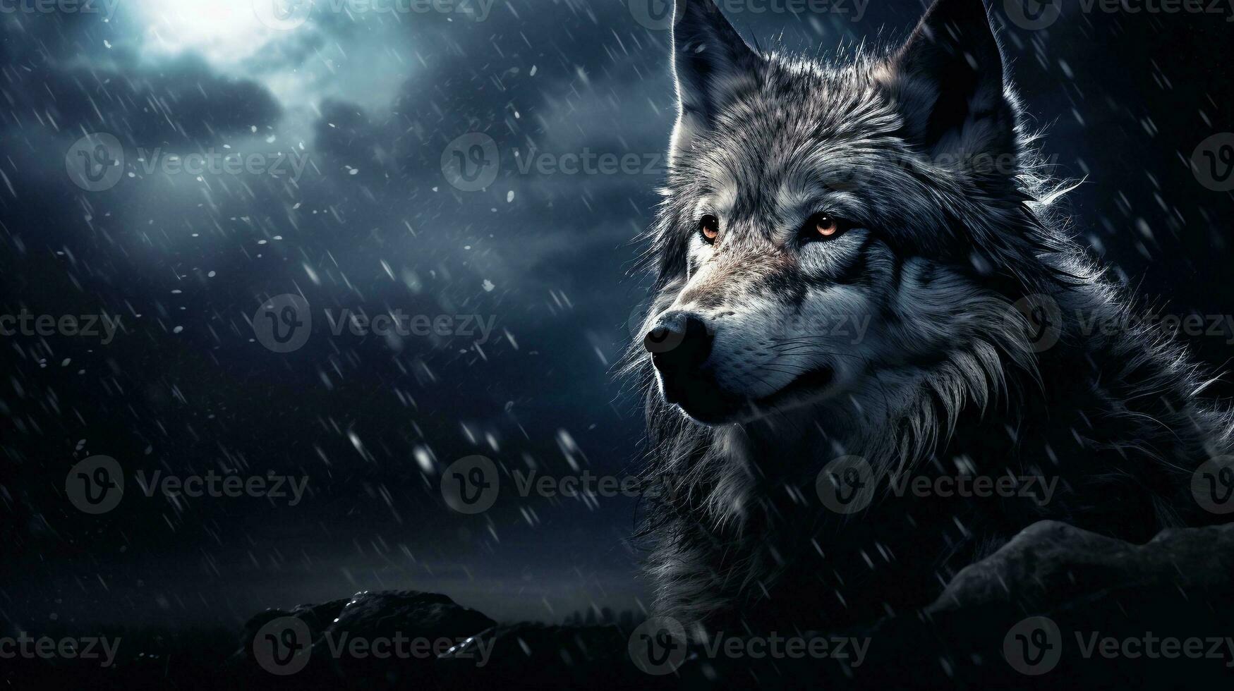 An artistic representation of a lone wolf under a moonlit sky, with textured moon and stars in the background, allowing space for text, background image, AI generated photo